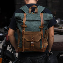Load image into Gallery viewer, Waterproof College Weekend Travel Laptops Waxed Canvas Leather Roll top Backpack
