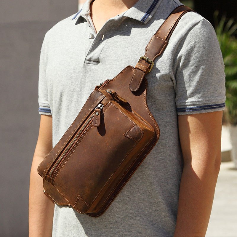 Men's Zipper Crossbody Sling Leather Bag