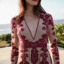 Load image into Gallery viewer, Embroidery Lace Sheer Long Sleeve Deep V Neck Boho Bohemian Beach Dress Gown
