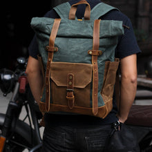 Load image into Gallery viewer, Waterproof College Weekend Travel Laptops Waxed Canvas Leather Roll top Backpack
