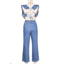 Load image into Gallery viewer, Blue Ruffled Lace-up Denim Jumpsuit
