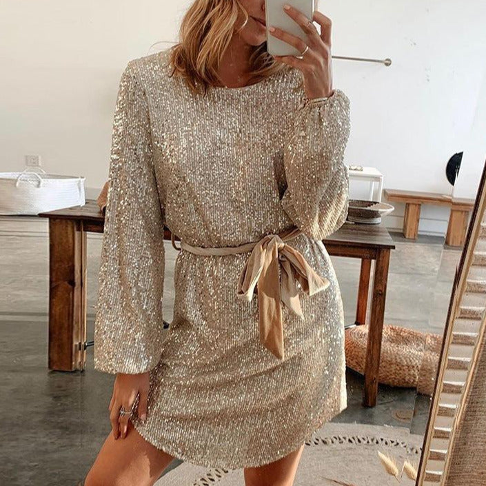 Gold Sequins Long Sleeve Mini Dress