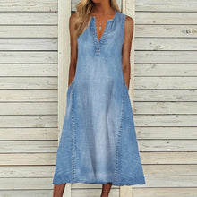 Load image into Gallery viewer, Notched Sleeveless Pockets Midi Denim Dress
