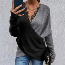 Load image into Gallery viewer, Black and Grey Lace Cross Criss Sweater
