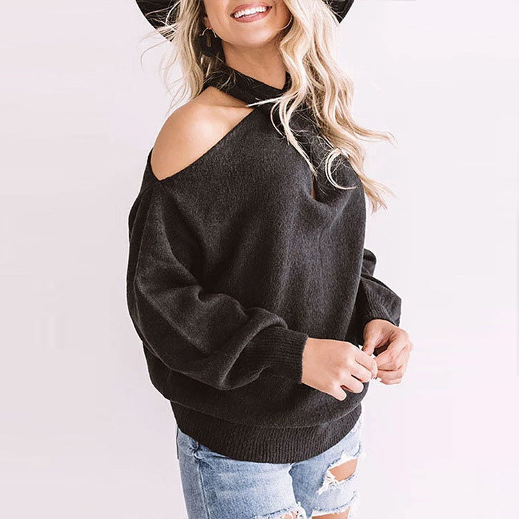 Black Halter Cold Shoulder Long Sleeve Sweater