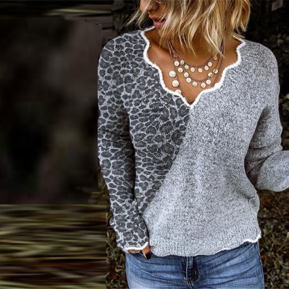 Grey Leopard Print Long Sleeve Sweater