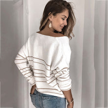 Load image into Gallery viewer, White V-neck Stripped Long Sleeve Sweater
