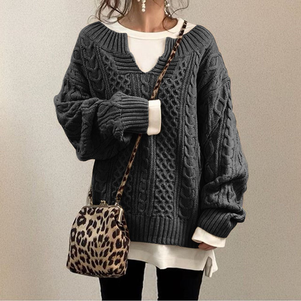 Notched Cable Knitted Long Sleeve Sweater