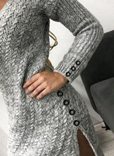 Load image into Gallery viewer, Grey V-neck Buttons Down Mini Sweater Dress
