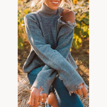 Load image into Gallery viewer, Grey High Neck Cold Shoulder Sweater
