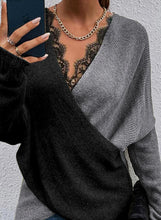 Load image into Gallery viewer, Black and Grey Lace Cross Criss Sweater
